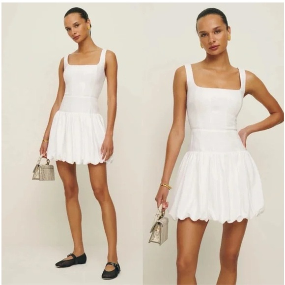 Reformation Delia Line  White Mini Dress Bubble Hem 8 - Picture 3 of 6